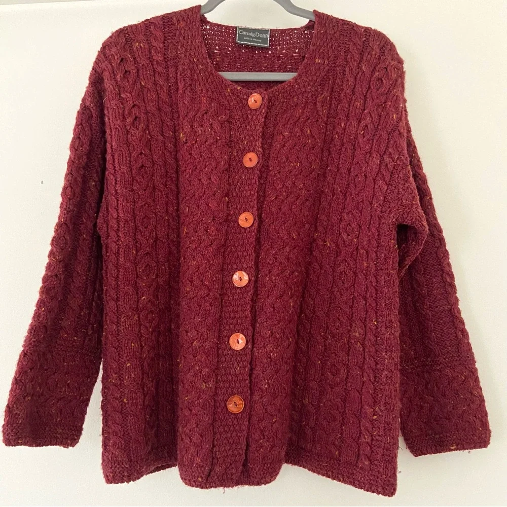 Carraig Donn Cardigan Womens L Red Wool Cable Knit Ireland Chunky Fisherman